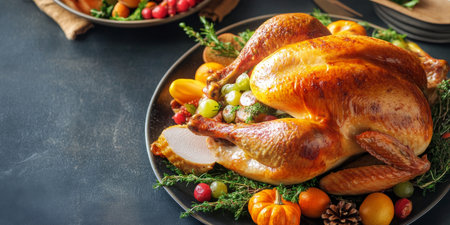 Elegant Roasted Thanksgiving Turkey Centerpiece Surrounded by Autumnal Garnish and Decorの素材