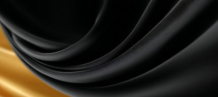 Luxurious Black and Gold Silk Fabric with Intricate Swirls, Soft Texture and Dramatic Visual Impactの素材