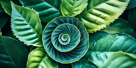 Entangled Verdant Camellia Sinesis Arrangement Spiraling Patterns Unleash the Potency of Tea Leavesの素材