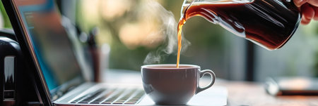 Focused Remote Work Environment Person Working from Home with Laptop and Coffee Cup in Handの素材