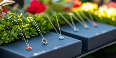 Elegant necklaces displayed on dark boxes with lush green plants in a chic jewelry showcase.の素材