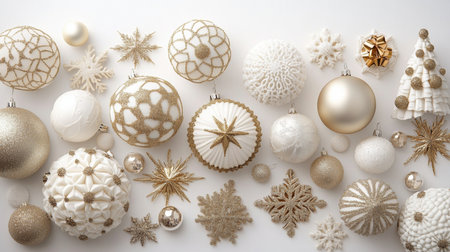 Elegant Christmas Ornaments in Gold and White Colors, Celebrating Joy and Holiday Spiritの素材