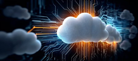 Cloud Computing Illustration with Data Streams and Network Connections for Modern Business Solutionsの素材