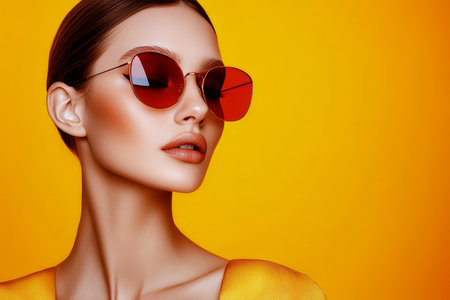 Fashionable Woman in Sunglasses Posing Elegantly Against a Bright Yellow Background, Beauty Styleの素材