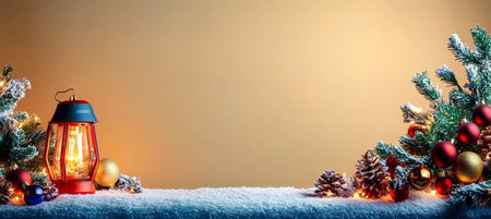 Beautifully Crafted Christmas Candle Lantern with Fir Branches and Ornaments on Golden Backgroundの素材