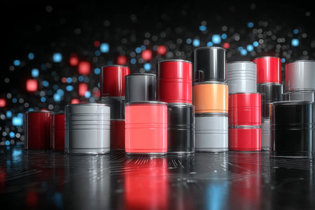 Rows of Various Sized Cylinders in Black, Gray, Red, and Gold for Database Solutions and Storageの素材
