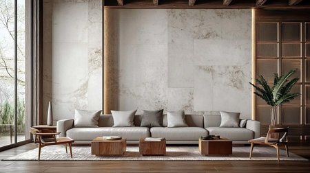 Scandinavian Design Living Room with Comfortable Sofa, Minimalist Furnishings, and Japandi Styleの素材