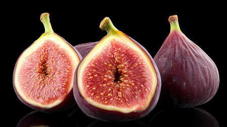 Close-Up of a Ripe Fig Sliced Open to Reveal Its Vibrant Interior Against a Dark Backgroundの素材