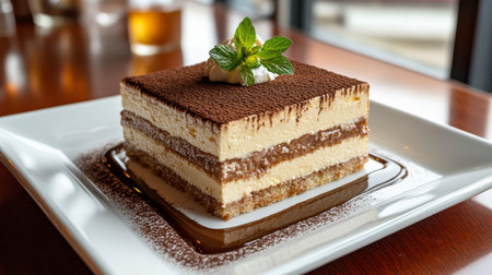 Tiramisu Dessert on Elegant White Plate, Classic Italian Treat with Coffee and Cream Flavorsの素材