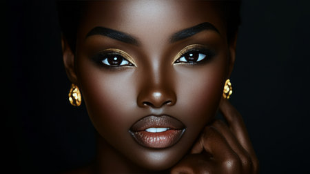 Glamorous beauty portrait of a dark-skinned woman adorned with golden jewelry and luxurious makeupの素材