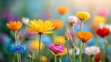 Vibrant Wildflower Meadow Under Bright Sunlight, Showcasing Nature s Colorful Summer Beautyの素材