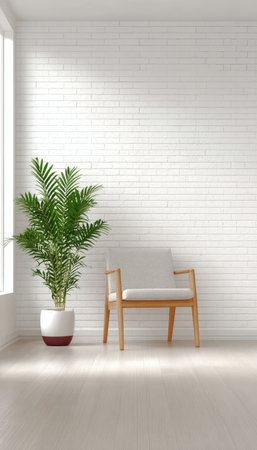 Serene Interior Space Featuring Textured White Brick Wall, Modern Chair, and Lush Plant Accentsの素材
