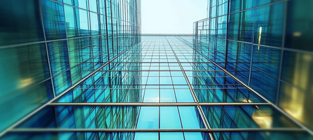 Upward View of Abstract Building with Mirrored Glass Walls and Blue Geometric Patterns Reflectionsの素材