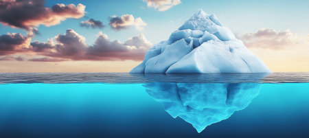 A Majestic Iceberg Floating Calmly in the Ocean, Symbolizing Submerged Challenges and Nature s Powerの素材