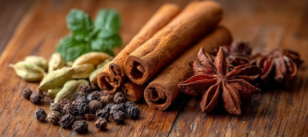 Beautifully Arranged Aromatic Spices Including Cinnamon Sticks, Star Anise, and Fresh Mint Leavesの素材