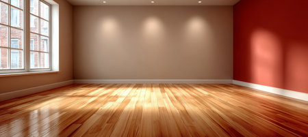 Minimalist Room Interior Featuring Hardwood Floor, Beige Walls, and Abundant Natural Light Designの素材