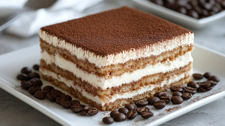 Delicious Layered Tiramisu Dessert with Coffee Flavored Cream and Savoiardi Biscuits on Plateの素材