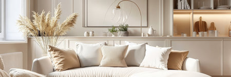 Elegant and Cozy Beige Apartment Interior Design with Aesthetic Minimalist Home Decor Elementsの素材