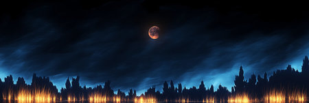 Enchanting Moonlit Night Over a Serene Lake, Dark Forest Silhouettes and Glowing Stars Aboveの素材