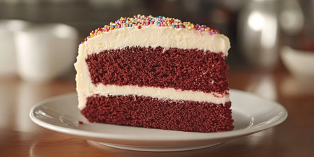 Decadent Red Velvet Cake with Creamy Frosting and Colorful Sprinkles for Any Celebration Delightの素材