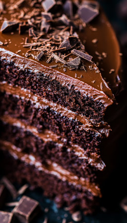Decadent Multi-Layered Chocolate Cake with Rich Ganache and Elegant Chocolate Curls on Topの素材