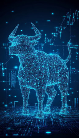 Digital Bull Charging Forward, Symbolizing Growth and Innovation in the Stock Market Landscape.の素材