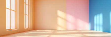 Bright and Colorful Room Interior Featuring Large Windows, Light Effects, and Playful Shadowsの素材