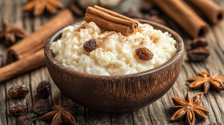 Delicious Sweet Rice Pudding Dessert with Creamy Texture, Cinnamon, Raisins, and Spiced Toppingsの素材