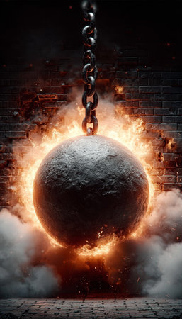 Dramatic Scene of a Wrecking Ball Shattering Brick Wall with Explosive Energy and Fire Eruptingの素材