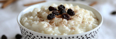 Delicious Creamy Rice Pudding Dessert Served Warm with Cinnamon and Raisins for a Cozy Treatの素材