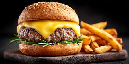 Delicious Classic Beef and Cheese Burger on Sesame Seed Bun with Golden French Fries Served Freshの素材