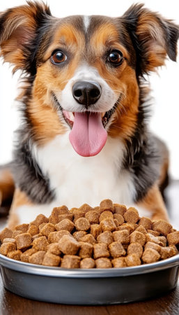 Eager canine gazes intently at a tempting bowl of kibble, anticipating a satisfying meal with joyの素材