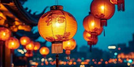 Oriental Festival Lights Traditional Paper Lanterns Illuminating a Serene Urban Night Sceneの素材