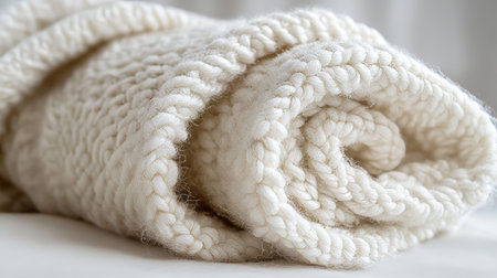 Cozy Wool Interior with Textured Fold Blanket, Soft White Fiber Detail for Elegant Style and Decorの素材