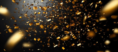 Flying Golden Tinsel Strips Creating a Luxurious and Festive Atmosphere for Celebrations and Awardsの素材