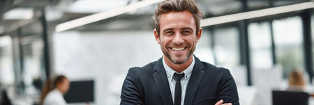 Confident Bearded Entrepreneur in Modern Office, Inspiring Innovation and Visionary Leadershipの素材