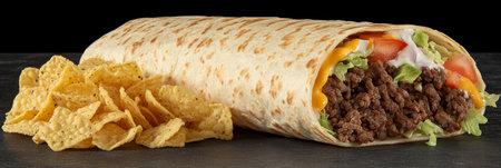 Gourmet Fast Food Meal Featuring Large Filled Burrito with Crispy Tortilla Chips and Saucesの素材