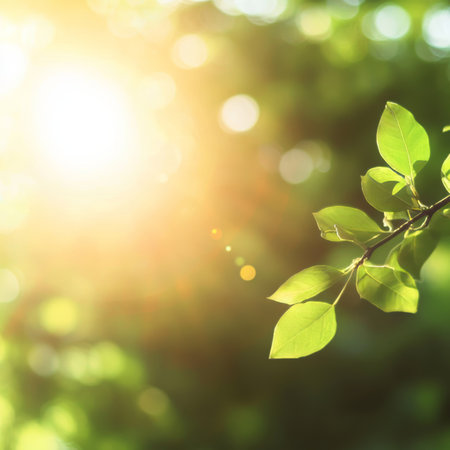 Radiant Sunlight Filtering Through Lush Green Leaves, Creating a Tranquil Abstract Bokeh Backgroundの素材