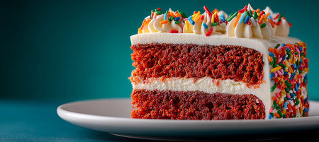 Delightful Red Velvet Cake Slice on White Plate with Creamy Icing and Colorful Sprinkles.の素材