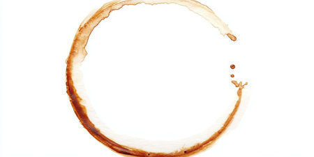 Circular coffee residue mark on a white surface showcasing a light brown ring effect from a cup.の素材