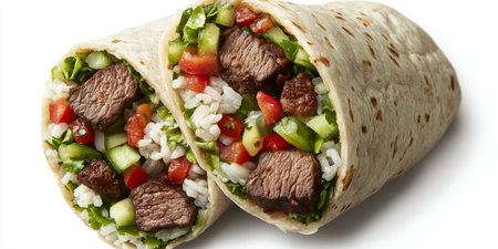 Delicious and Flavorful Burrito with Fresh Ingredients Including Rice, Beans, Beef, and Veggiesの素材