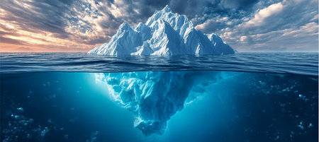 A majestic iceberg floats serenely in the ocean, revealing its hidden beauty beneath icy waters.の素材
