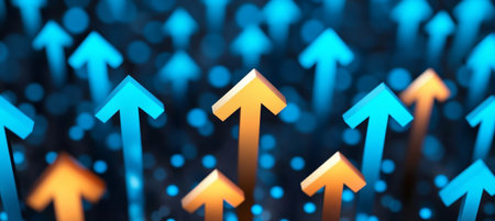 Dynamic Growth Visualization with Blue and Yellow Arrows Signifying Leadership and Future Successの素材