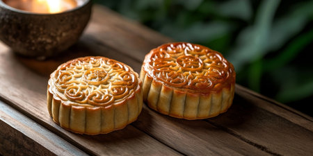 Traditional Mooncakes Close-Up, Chinese Pastries for Mid-Autumn Festival Celebrations with Friendsの素材