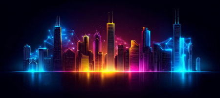 Futuristic City Skyline with Digital Connectivity and Network Lines Reflecting Lights at Duskの素材