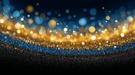 Elegant Gold and Blue Glitter Bokeh Background for Stunning Festive Celebrations and Events.の素材