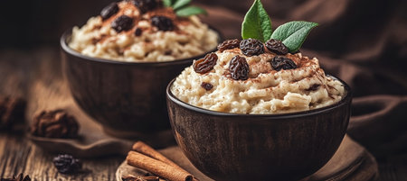 Creamy Rice Pudding Topped with Cinnamon and Raisins, a Cozy and Traditional Dessert Delightの素材