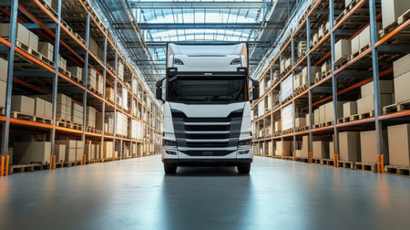 A large white truck transporting goods and merchandise through a busy logistics warehouse aisle.の素材