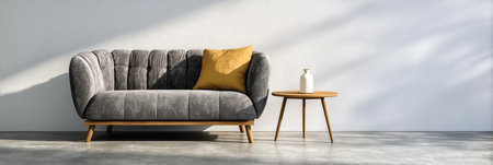 Bright Minimalist Living Room with White Walls, Stylish Sofa, Wood Table, and Soft Sunlight Shadowsの素材