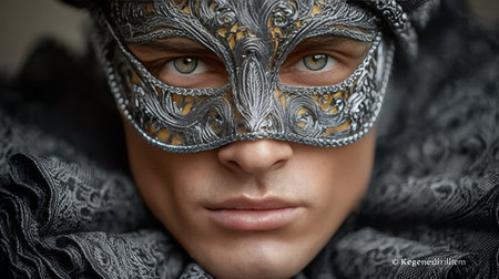 Mysterious Man in Ornate Silver Venetian Carnival Half Mask, Captivating Eyes Drawn to Cameraの素材